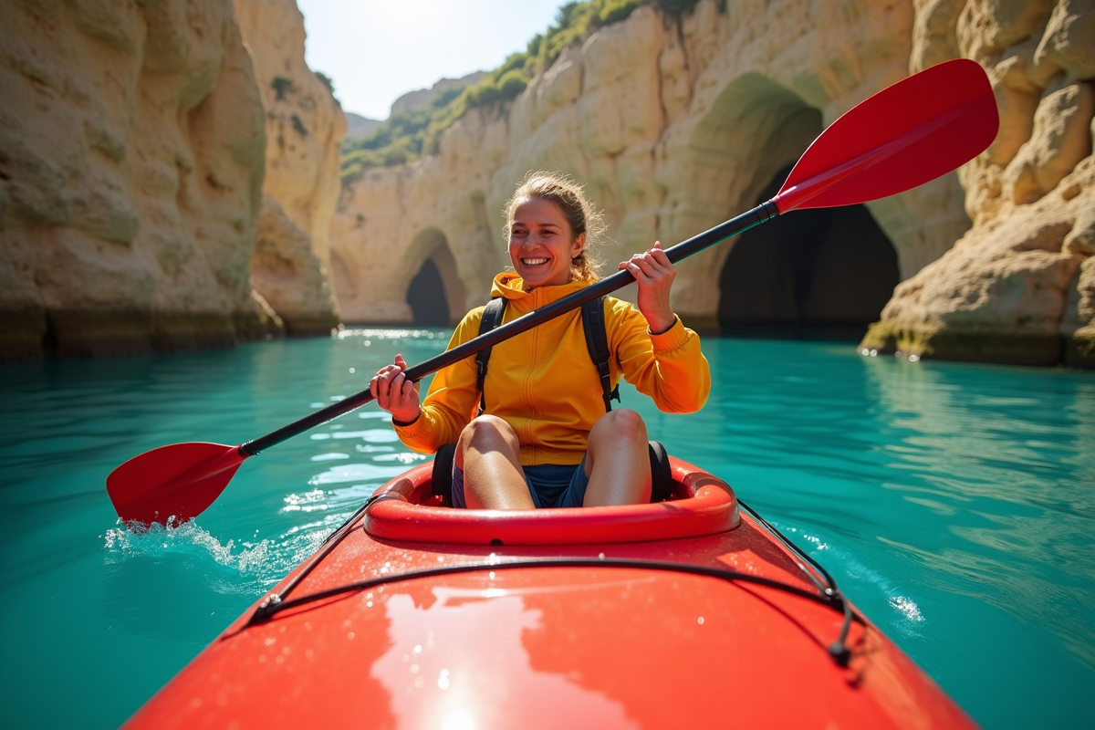 Femme paddlant un kayak rouge sur la côte maltaise
