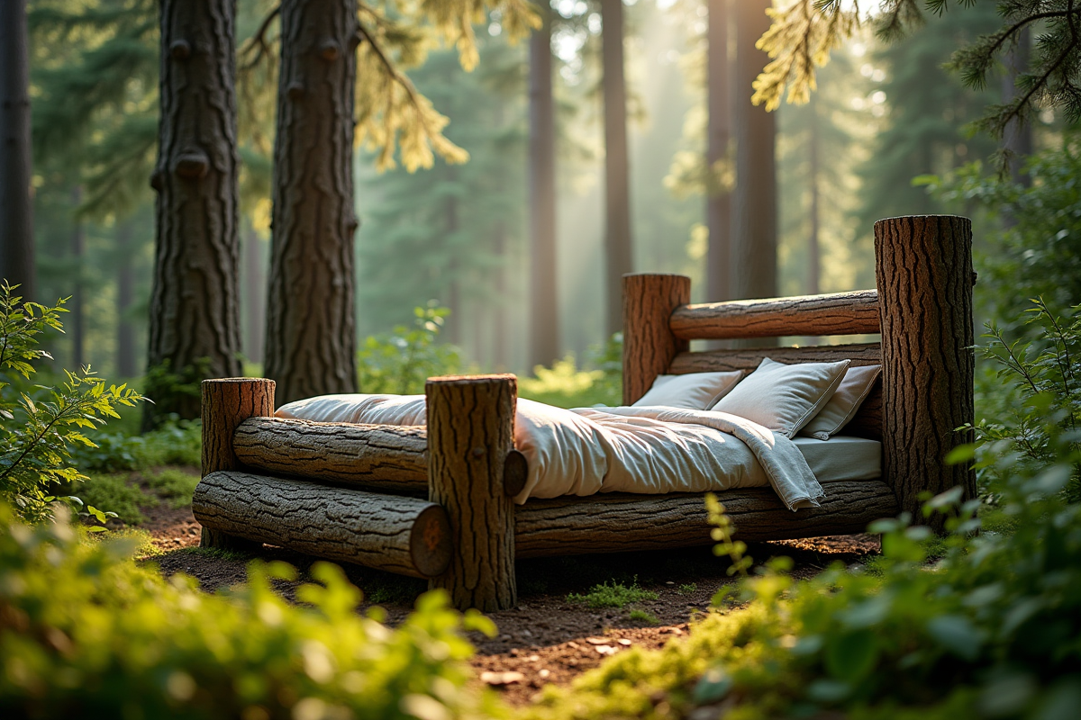 Lit de forêt fait main en bois et branches