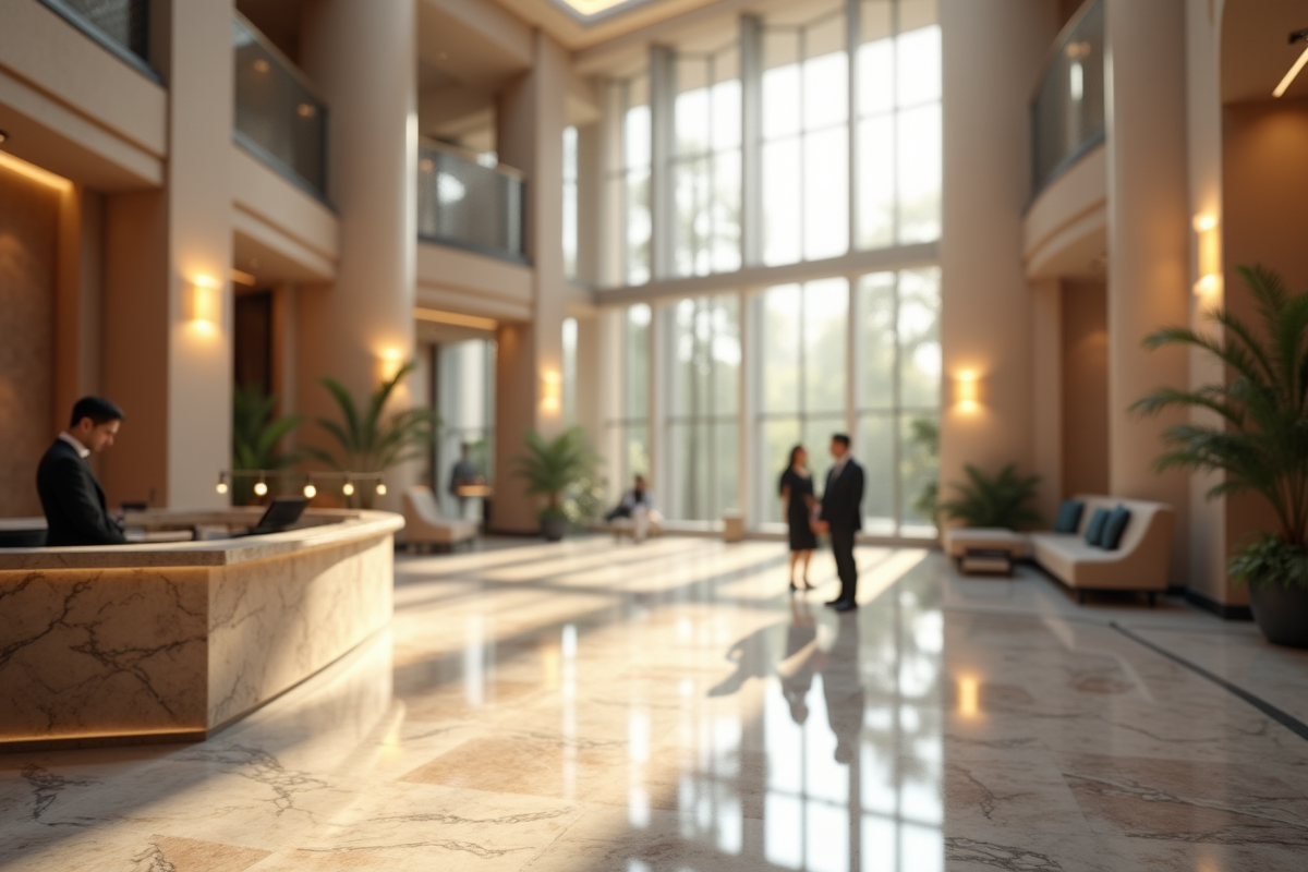 Hall d'hôtel moderne et luxueux avec réception en marbre