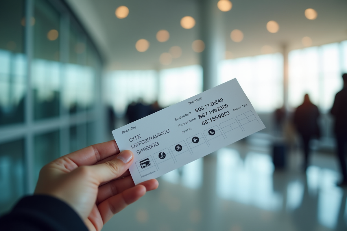 Main d'un passager tenant un boarding pass avec noms en focus