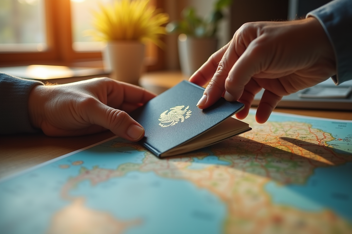 Mains tenant un passeport sur une carte de voyage