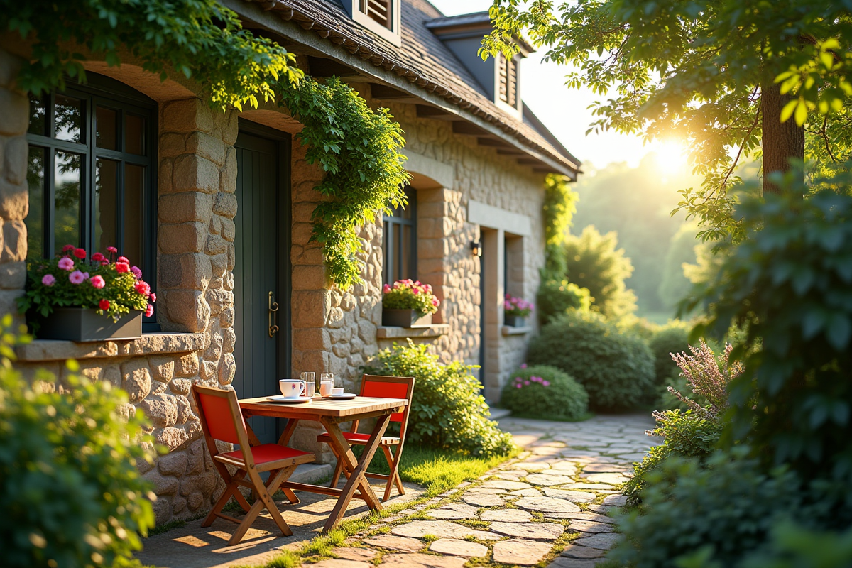 Charmante maison de campagne en pierre avec fleurs aux fenêtres