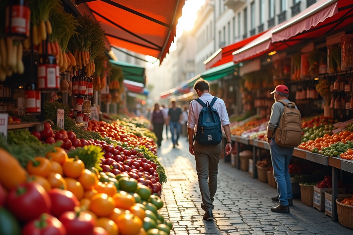 Marché alimentaire en plein air en Europe avec étals colorés