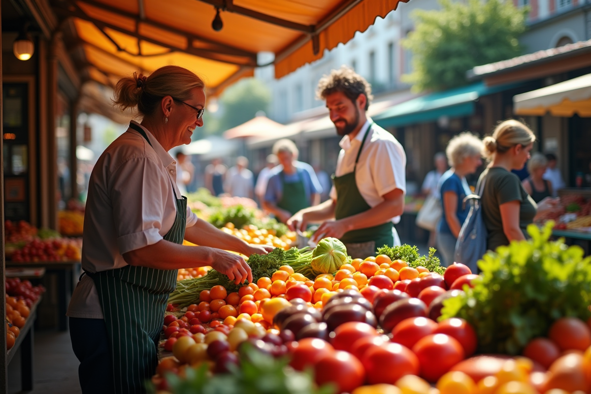 Marché local européen avec étals de produits frais