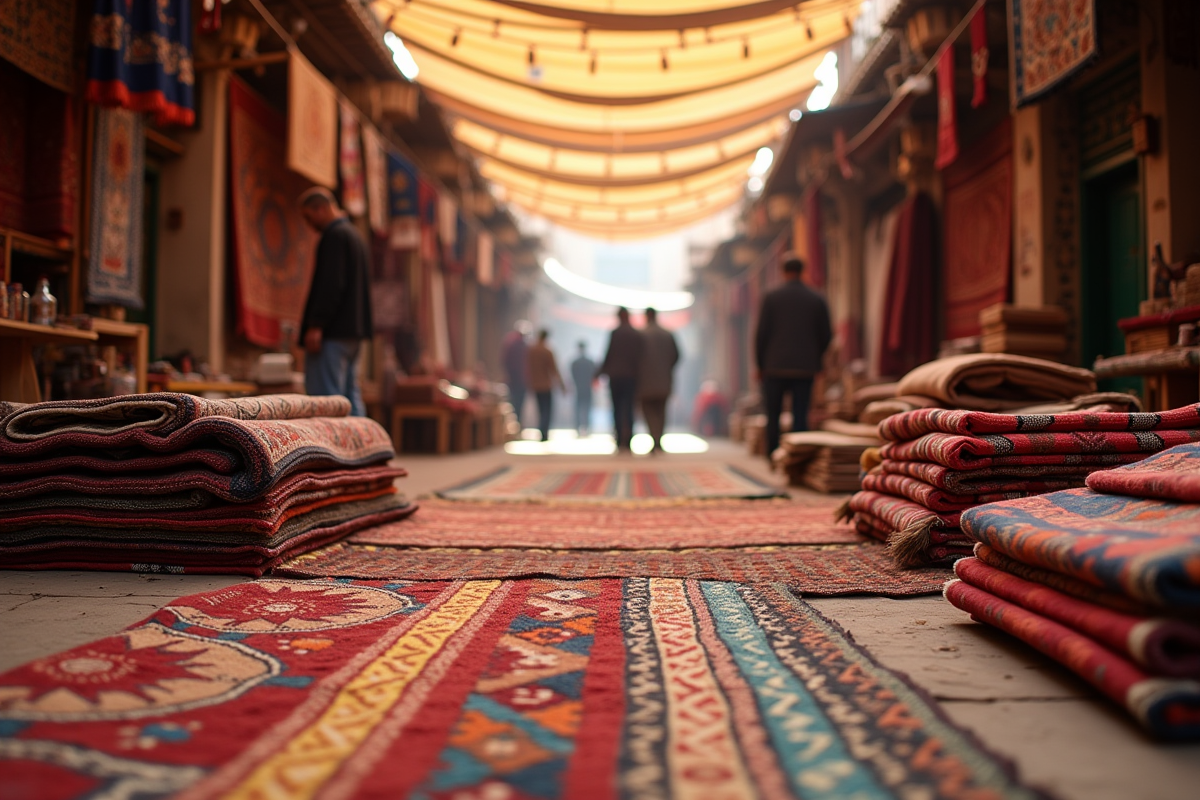 Scène de marché à Marrakech avec artisans et tapis colorés