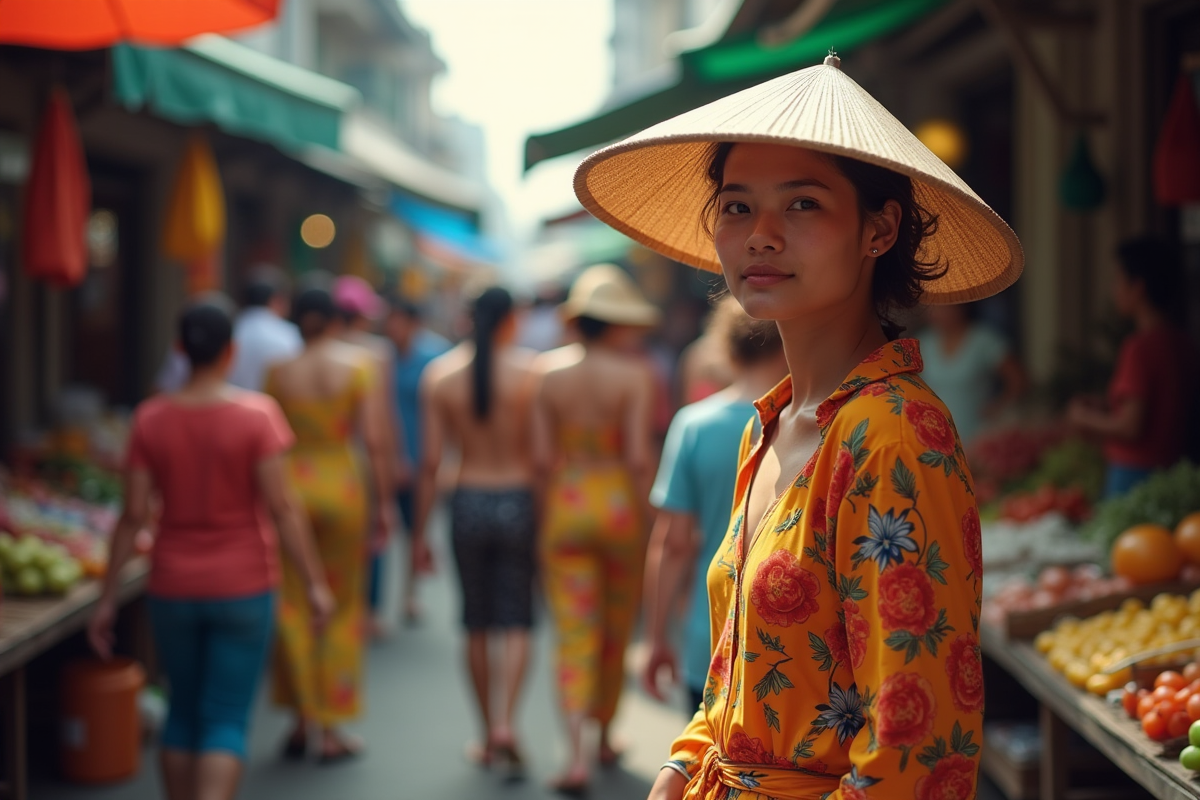 Visiteur dans un marché vietnamien en tenue colorée et chapeau
