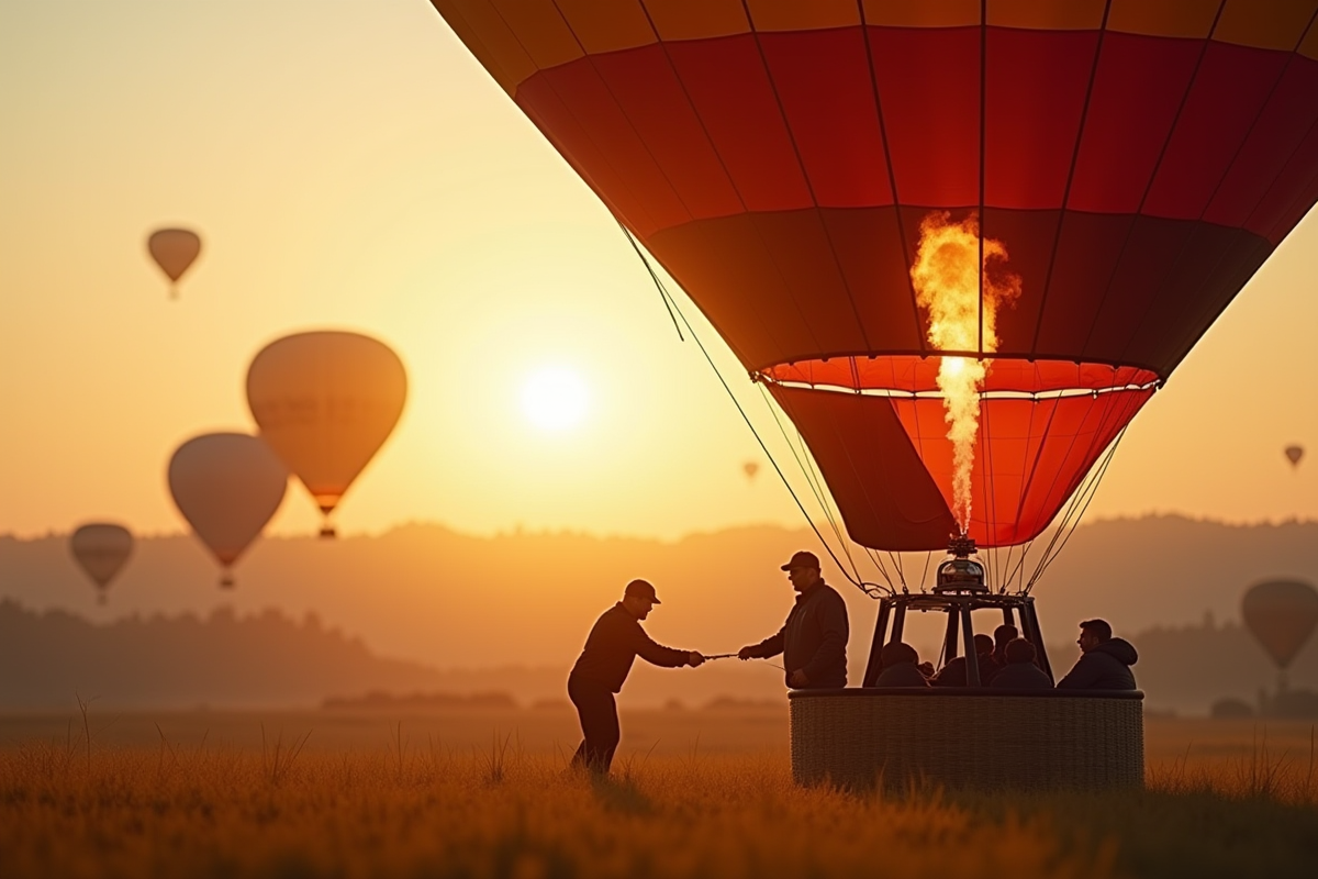 Personne montant prudemment dans la nacelle de montgolfiere au lever du soleil