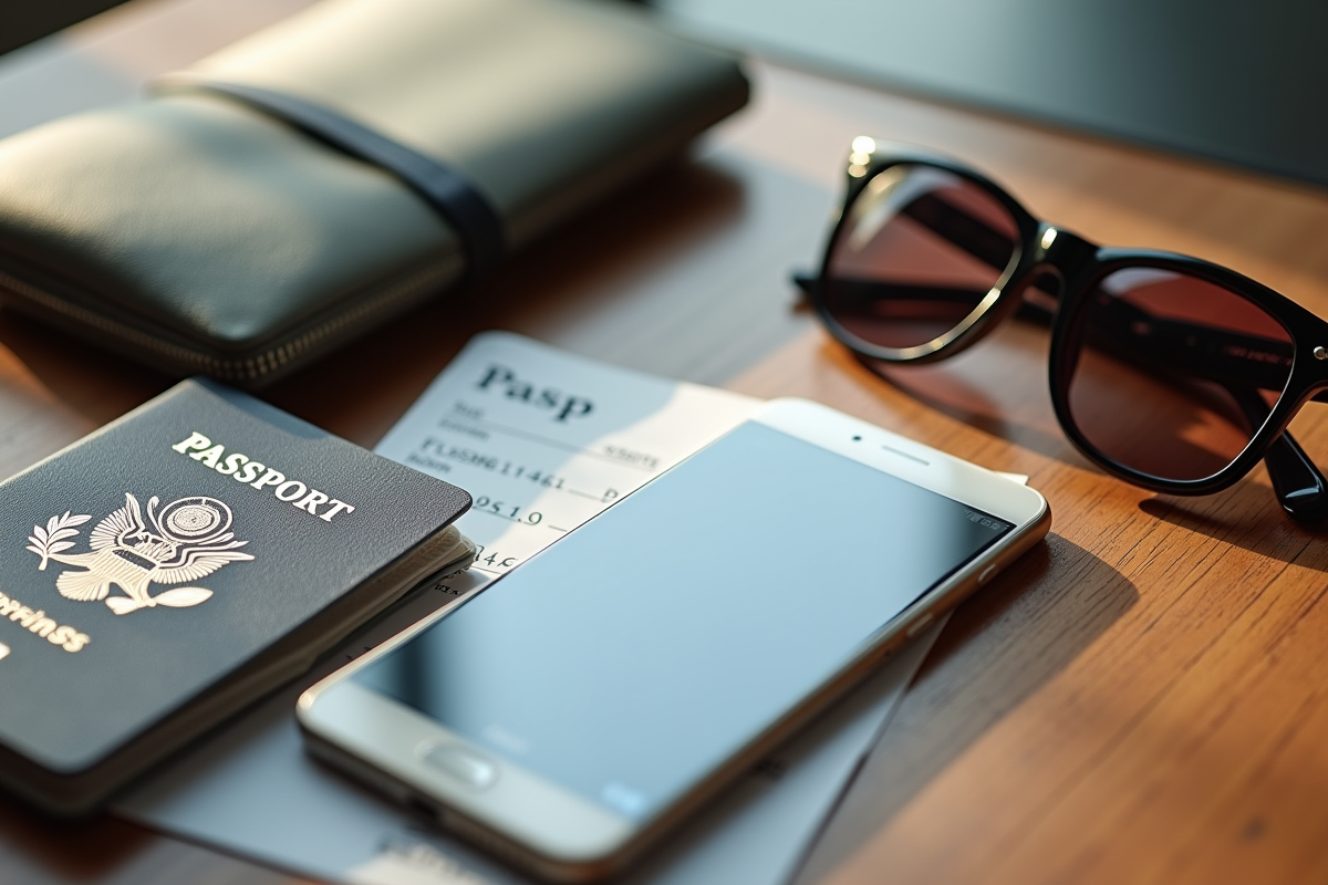 Objets personnels de voyage sur une table en bois