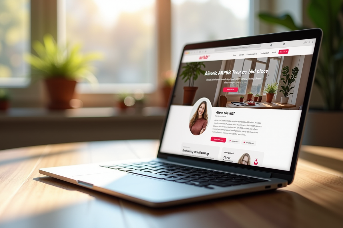 Ordinateur portable affichant profil Airbnb en lumière naturelle