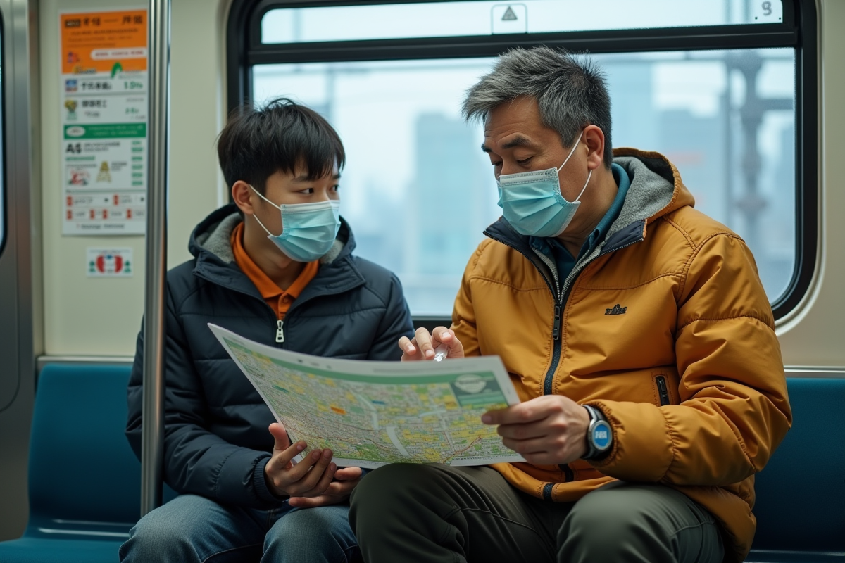 Père et fils avec carte dans un train à Tokyo