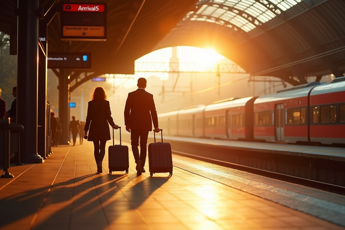 Voyageurs avec valises sur la plateforme de Paris en lumière dorée