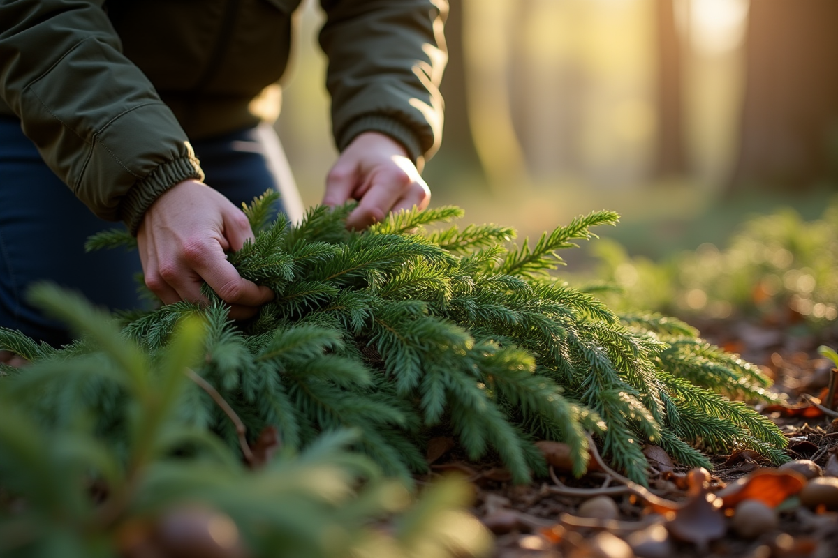 Personne en extérieur disposant des branches vertes