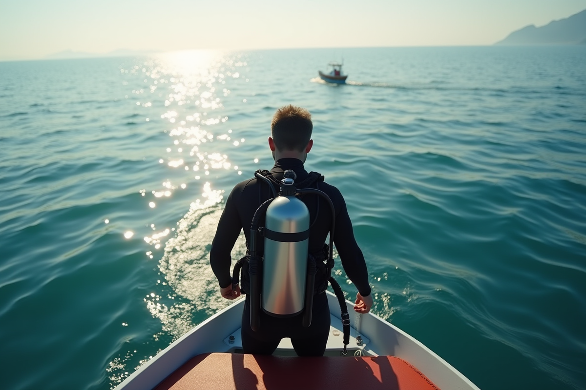 Plongeur seul se préparant à entrer dans une mer calme et claire