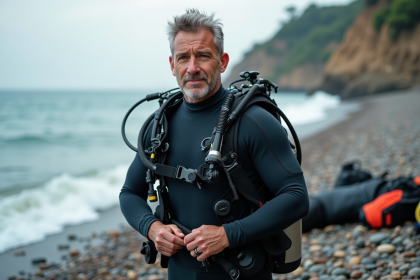 Plongeur homme en combinaison sur la côte