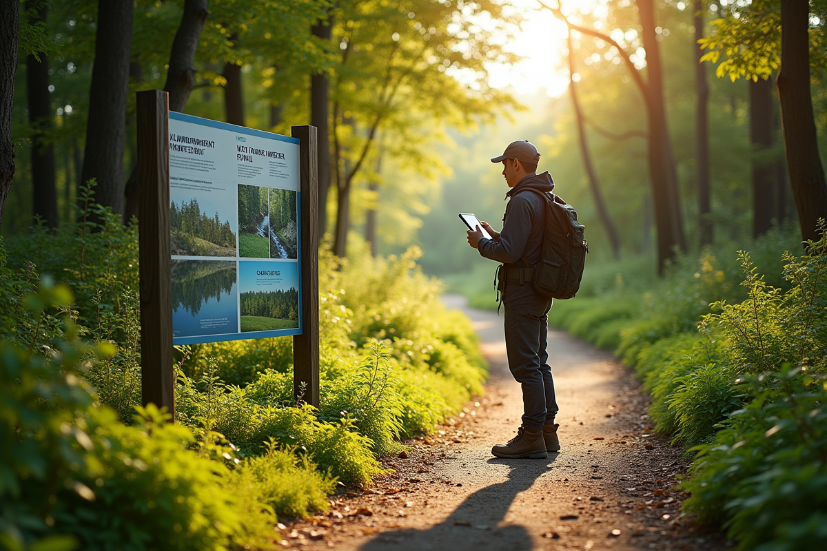 Personne lisant panneau d information en randonnée nature