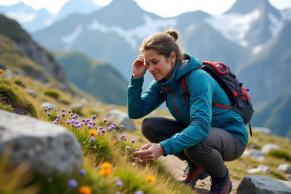 Femme randonneuse observant des fleurs alpines en montagne