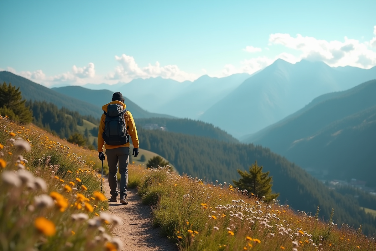 Randonneur en marche sur un sentier de montagne avec vue panoramique