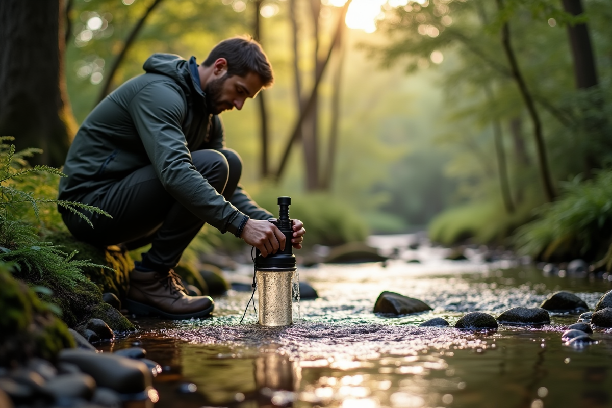 Randonneur utilisant un filtre à eau portable en forêt