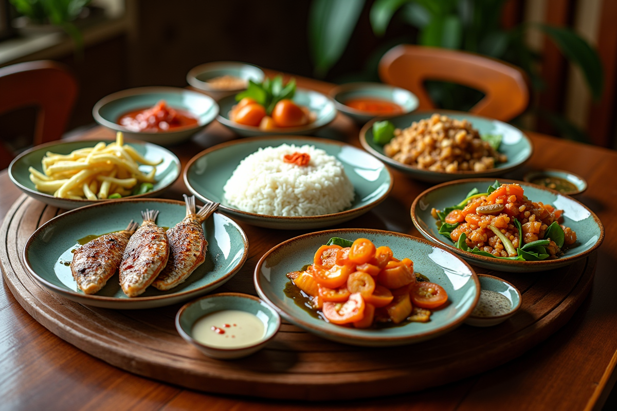 Repas familial vietnamien avec plats variés
