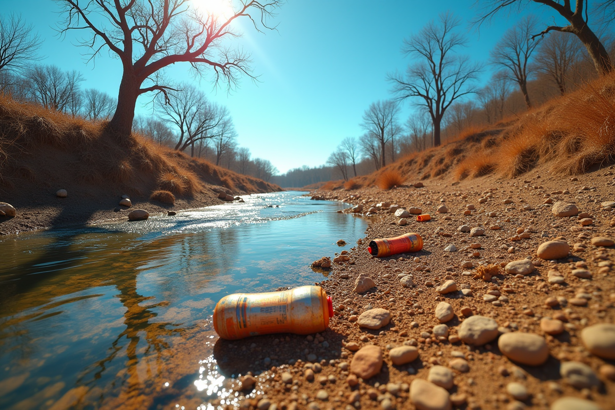 Rivière asséchée avec déchets plastiques et arbres desséchés