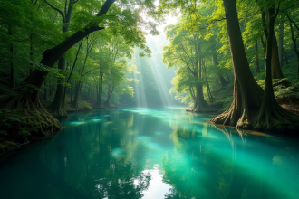 Rivière turquoise dans une forêt luxuriante et paisible