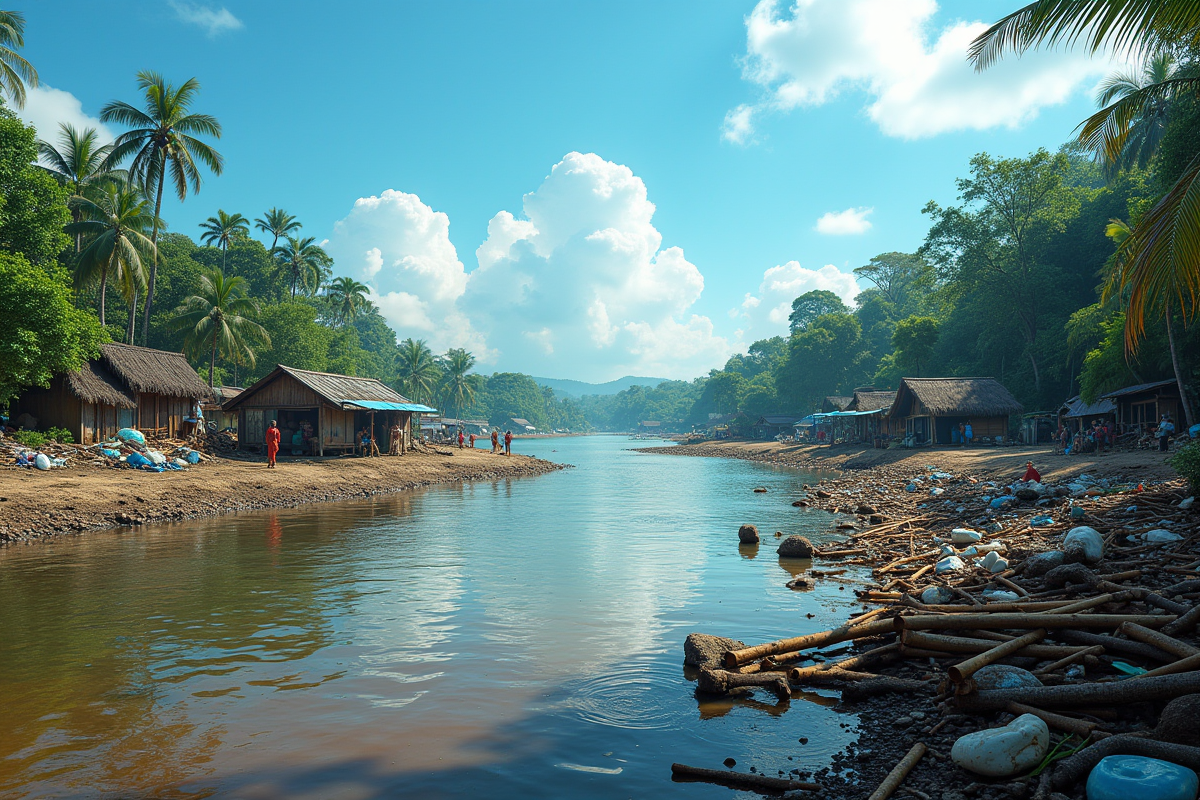 Village indigène au bord de la rivière en Amazonie avec déchets plastiques