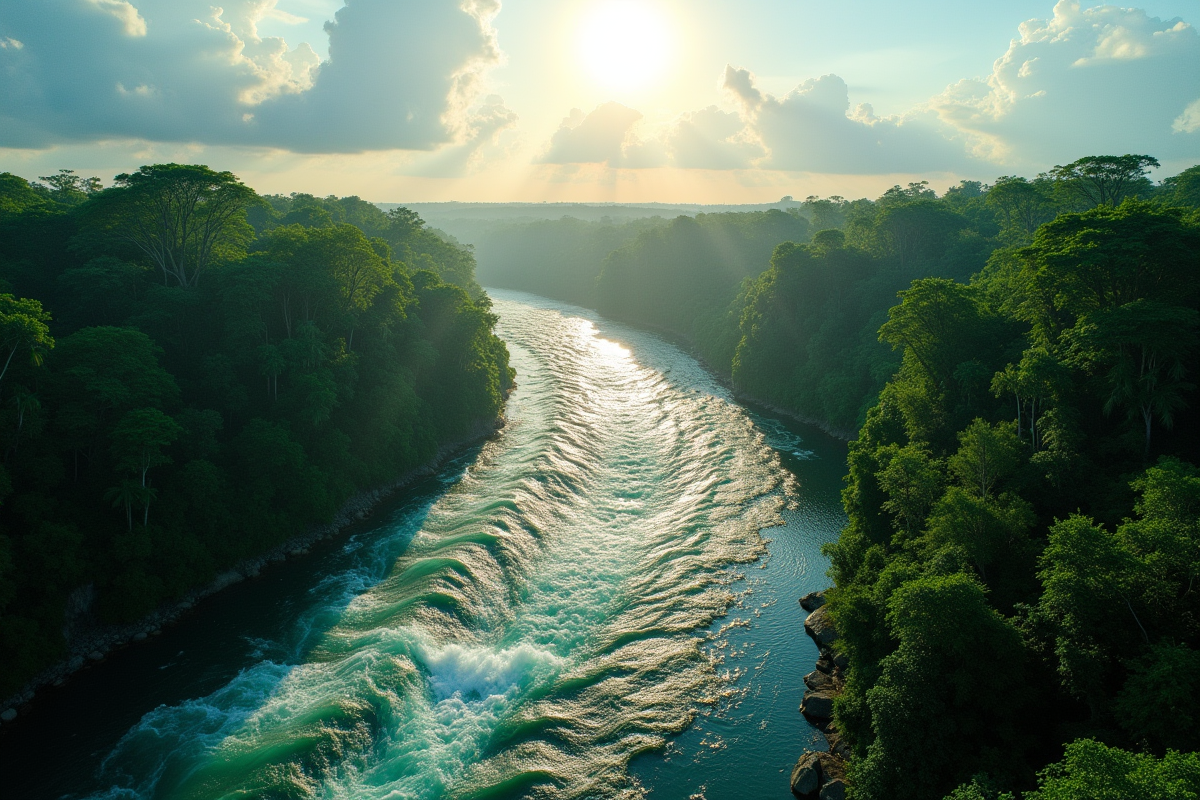 Vue aérienne d'une rivière dans la forêt tropicale en plein jour