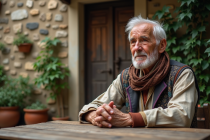 Homme romani âgé au visage marqué dans un village authentique