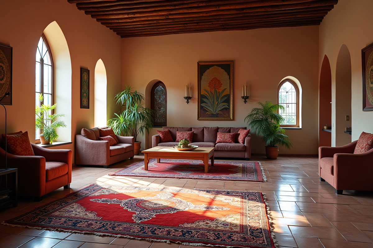 Salon marocain avec tapis traditionnels et détails colorés