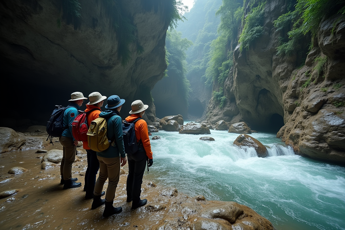 Groupe de scientifiques observant la rivière souterraine dans la grotte