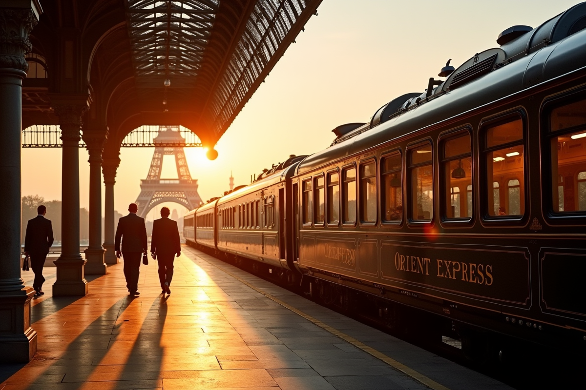 Train Orient Express stationne près de la Tour Eiffel au lever du soleil