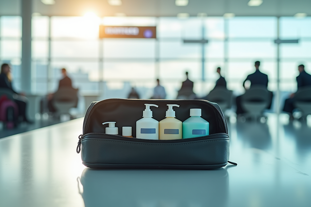 Trousse de toilette organisée sur table à l'aéroport