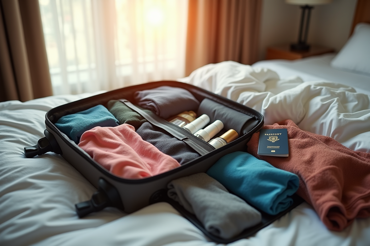 Valise ouverte avec produits de voyage et vêtements