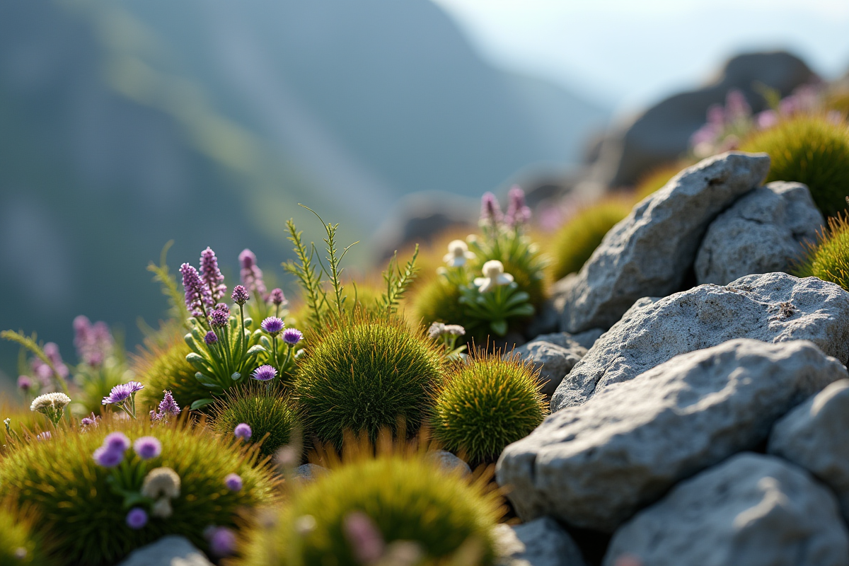 Détail de végétation alpine entre rochers de montagne