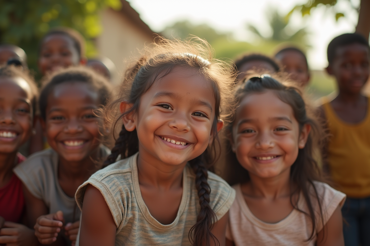 Groupe de volontaires avec enfants dans un village rural