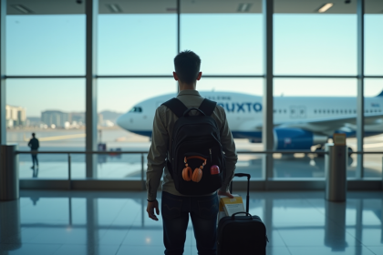 Voyageur à l'aéroport avec sac à dos et avion en arrière-plan