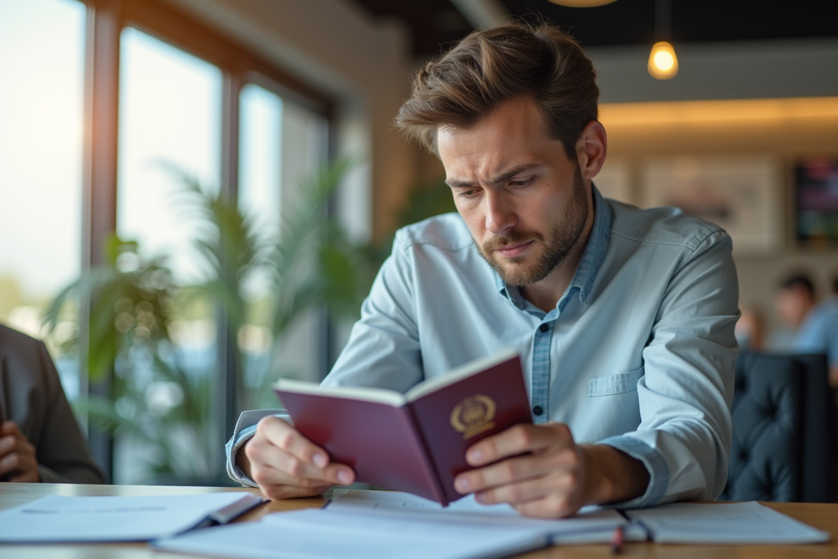Voyageur inquiet tenant un passeport et documents à l'agence