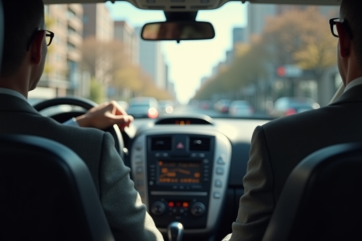 Détails du conducteur et paysage urbain dans un taxi