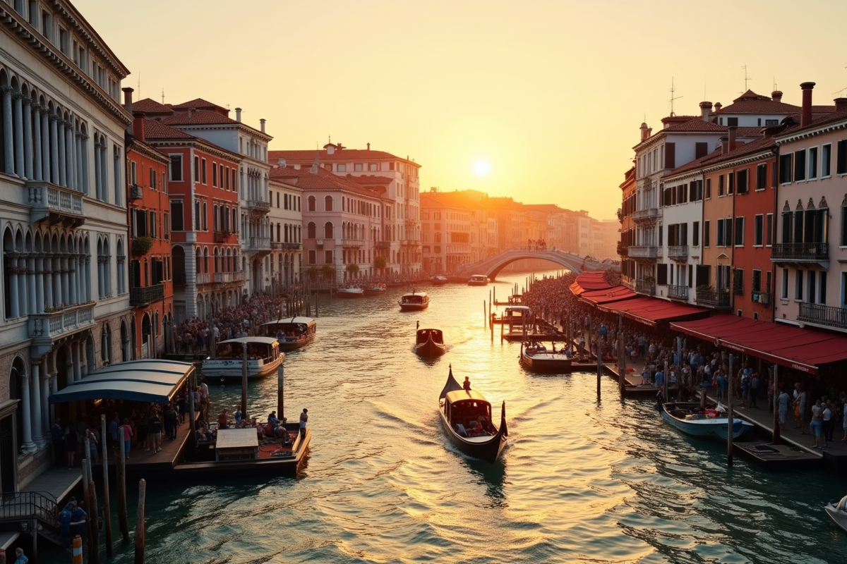 Vue du Grand Canal à Venise avec bateaux et touristes