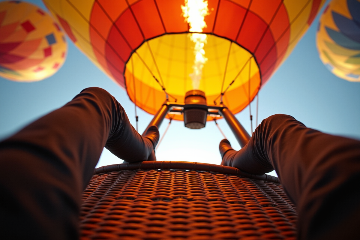Mains agrippant la nacelle de montgolfiere en plein jour