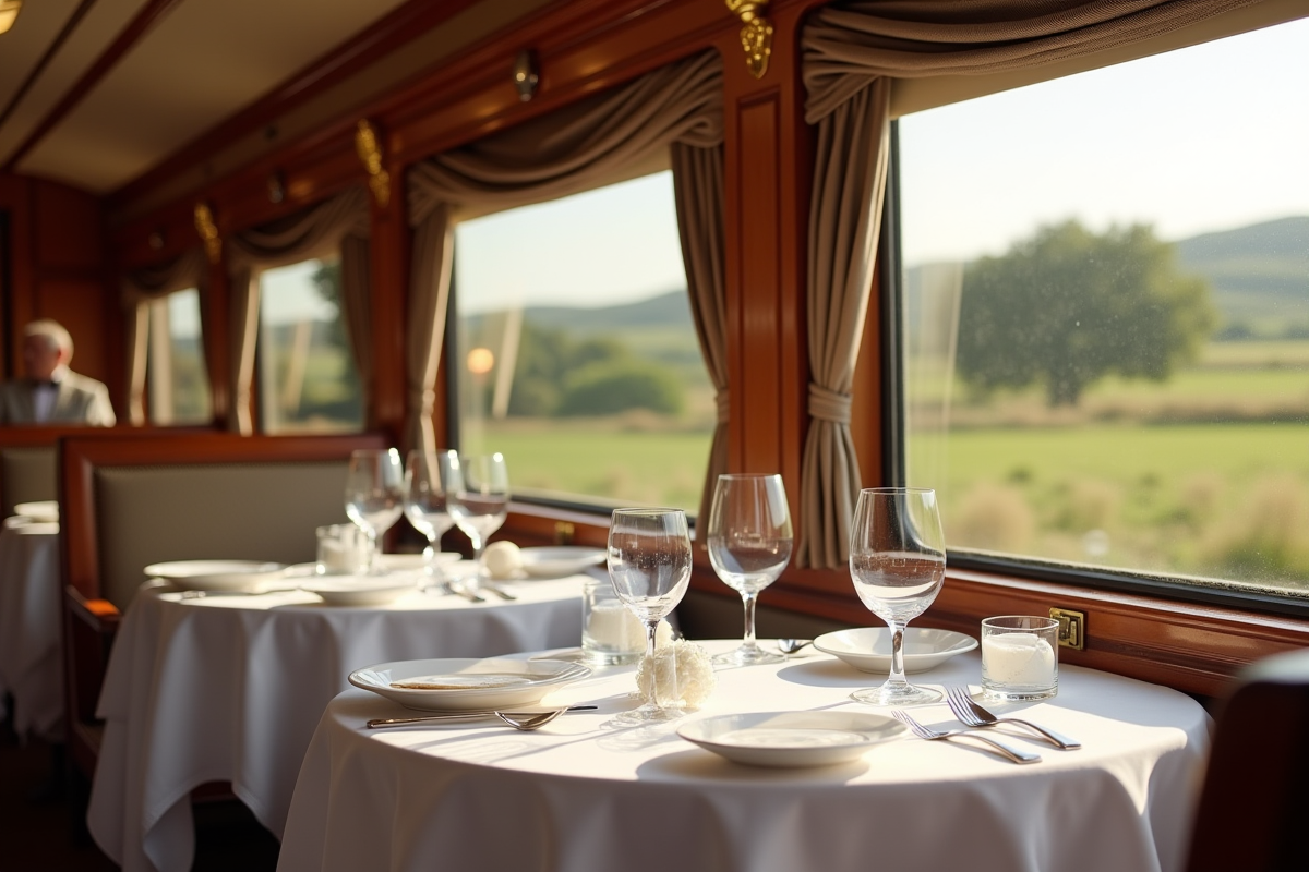 Voiture de dîner élégante sur l'Orient Express en journée